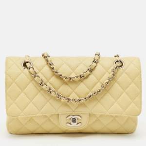 Pre Owned Chanel Yellow Caviar Quilted Leather Medium Classic Double Flap Bag