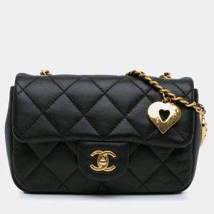 Chanel Black Lambskin Leather Mini Rectangular Heart Charms Shoulder Bag