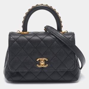 مملوكة مسبقًا Chanel Black Quilted Caviar Leather Extra Mini Coco Chain Top Handle Bag