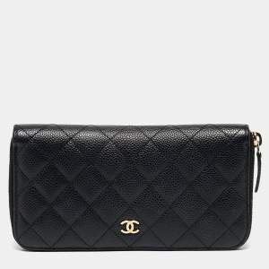 Chanel Black Quilted Caviar Leather CC Zip Around Wallet