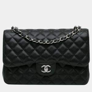 Chanel Black Caviar Leather Jumbo Classic Double Flap Shoulder Bag