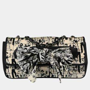 Pre Owned Chanel Black White Silk Lambskin Leather Choco Bar Shoulder Bag