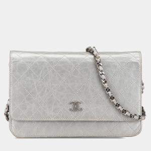 Chanel Silver CC Quilted Aged Calfskin Wallet On Chain