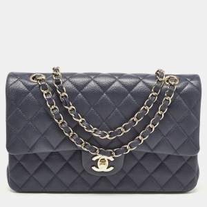 Pre Owned Chanel Navy Blue Quilted Caviar Leather Medium Classic Double Flap Bag