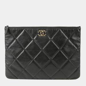 Chanel Black Quilted Goatskin Large 19 Wristlet Pouch 