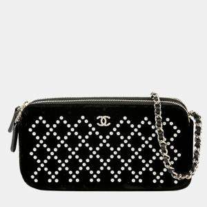 Chanel Black Velvet Pearl Quilted Double Zipper Wallet on Chain