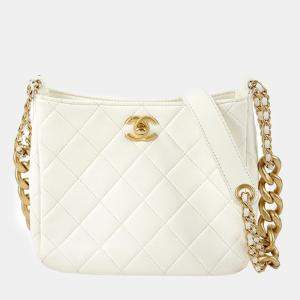Chanel White Leather Cc Logo Hobo Chain Crossbag