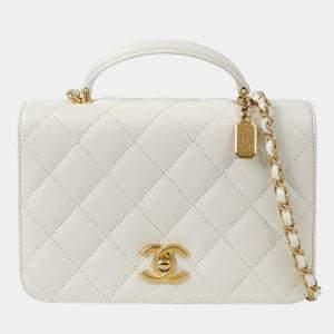 Chanel White Caviar Leather Small Top Handle Bag