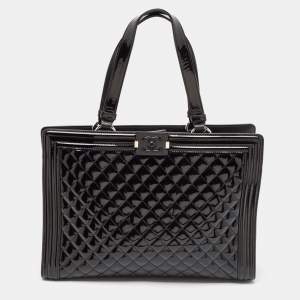 Chanel Black Quilted Patent Leather Large Boy Shopper Tote
