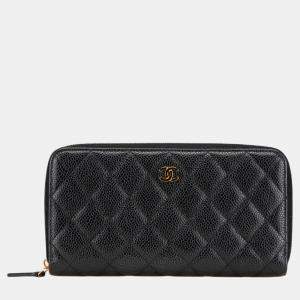 Chanel Black Quilted Caviar CC Zip Around Long Wallet