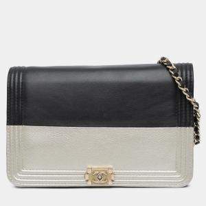 Chanel Black Silver Bicolor Calfskin Boy Wallet On Chain