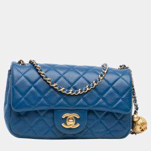 Pre Owned Chanel Blue Mini Rectangular Lambskin Pearl Crush Flap