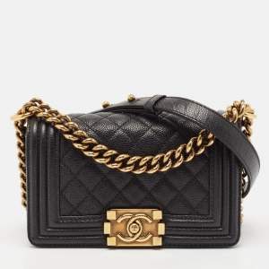 Pre Owned Chanel Black Quilted Caviar Leather Small Boy Flap Bag