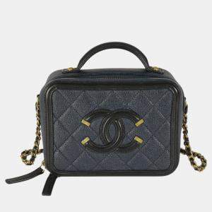 Chanel Black Navy Quilted Caviar Small CC FIligree Vanity Case