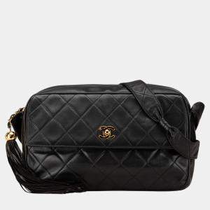  Chanel Black CC Quilted Lambskin Leather Tassel Crossbody Bag