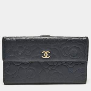 Chanel Navy Blue Leather Camellia Trifold Continental Wallet