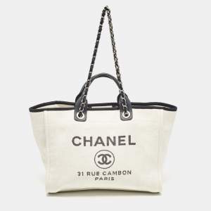 Chanel White/Navy Blue Raffia Large Deauville Shopper Tote