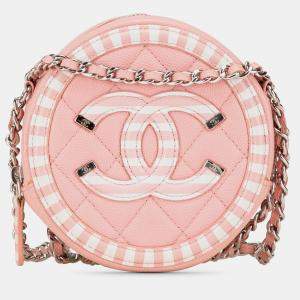 Chanel Pink Caviar Leather Striped CC Filigree Round Crossbody Bag