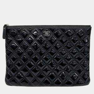 Chanel Black Patent Leather Medium Clutch Bag