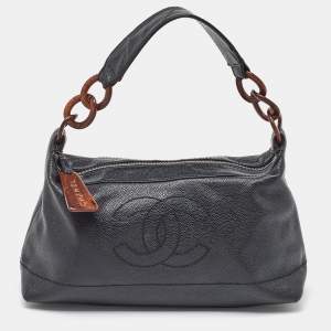 Pre Owned Chanel Black Leather Vintage CC Wood Chain Shoulder Bag