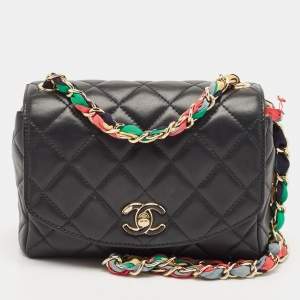 Chanel Black Quilted Leather Ribbon Chain Flap Bag 