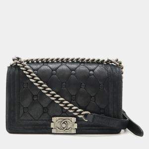 Pre Owned Chanel Black Suede and Leather Boy Shoulder Bag