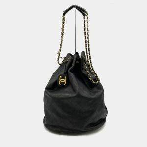 Chanel Black Lambskin Quilted Drawstring Bucket Bag