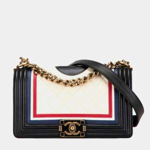 Pre Owned Chanel Black/White/Blue Lambskin Quilted Crest Embellished Medium Boy Flap Bag