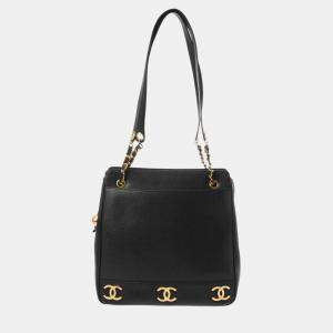 Chanel Black Caviar Leather Triple CC Chain Tote Bag
