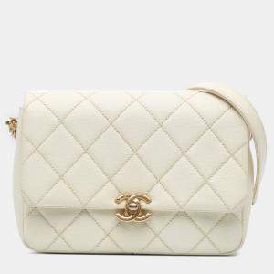 Chanel White Small Quilted Caviar Chain Melody Flap