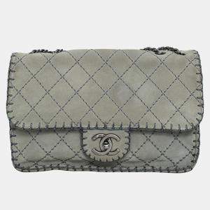 Chanel Grey Suede Whipstitch Medium Flap Bag