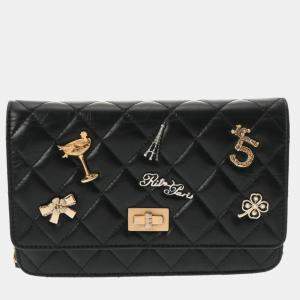 Chanel Black Lambskin 2.55 Embroidered Chain Wallet
