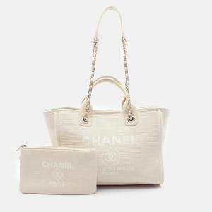 Chanel Ivory Canvas Leather Deauville Small Tote Bag