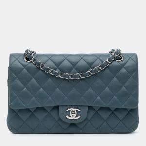 Chanel Blue Lambskin Leather Medium Classic Double Flap Shoulder Bag