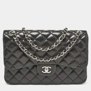 Pre Owned Chanel Black Quilted Leather Jumbo Classic Double Flap Bag