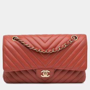 Chanel Orange Medium Classic Chevron Lambskin Double Flap Shoulder Bag