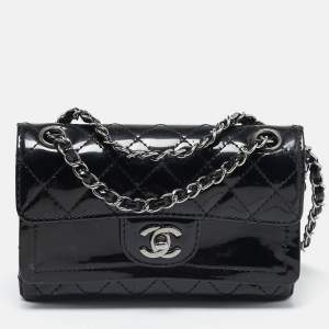 Pre Owned Chanel Black Quilted Patent Leather Small Double Flap Bag