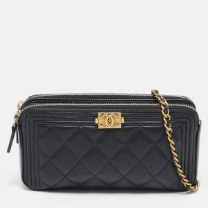 Chanel Black Quilted Leather Boy Double Zip Wallet On Chain