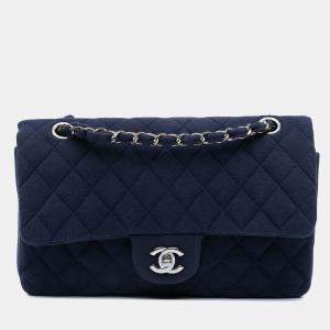Chanel Blue Medium Classic Jersey Double Flap Shoulder Bag