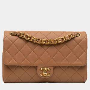 Chanel Brown Medium Quilted Lambskin Logo Letters Chanel Touch Chain Flap Bag