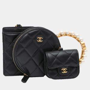 Chanel Black Lambskin Pearl Crown CC Wristlet Multi Pouches Bag