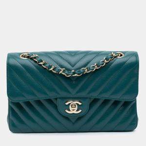 Chanel Blue Small Classic Chevron Caviar Double Flap Bag