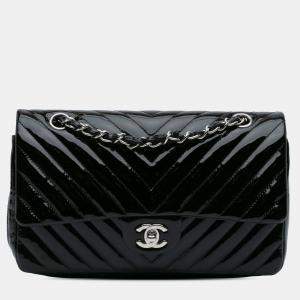 Pre Owned Chanel Black Medium Classic Chevron Patent Double Flap Bag