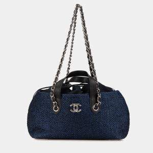 Pre Owned Chanel Blue CC Straw and Caviar Satchel Bag