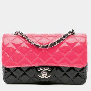 Pre Owned Chanel Black Pink Mini Rectangular Bicolor Patent Leather Flap Bag