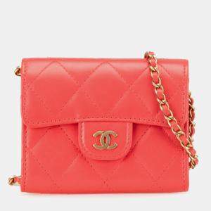 Chanel Red Quilted Lambskin Flap Card Holder on Chain