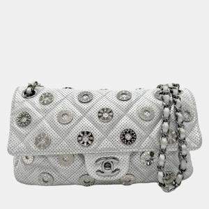 Pre Owned Chanel Silver Leather Perforated Chain Shoulder Bag