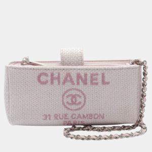 Chanel Pink Raffia Deauville Phone Clutch on Chain