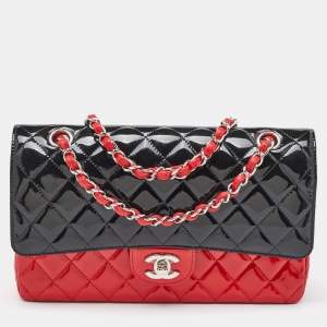 Chanel Black/Red Quilted Patent Leather Medium Classic Double Flap Bag