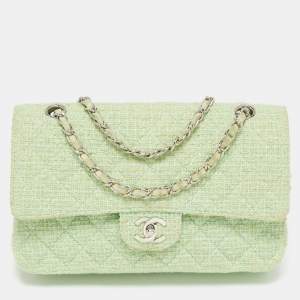 Pre Owned Chanel Green Quilted Tweed Medium Classic Double Flap Bag